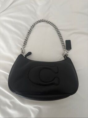 Coach Black Leather Shoulder Bag with Silver Chain